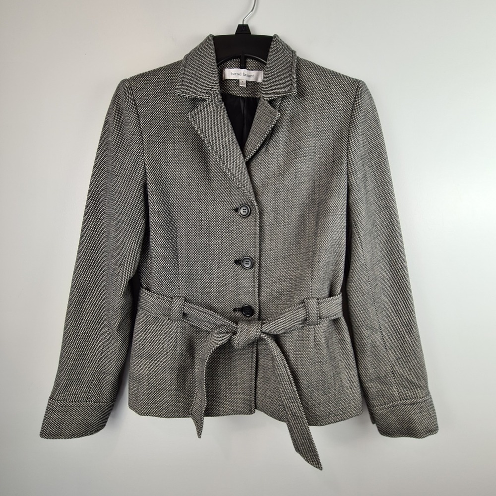 Harve Bernard Women's Wool Tie Waist Jacket Blazer Size 4‎ Gray Lined Fitted